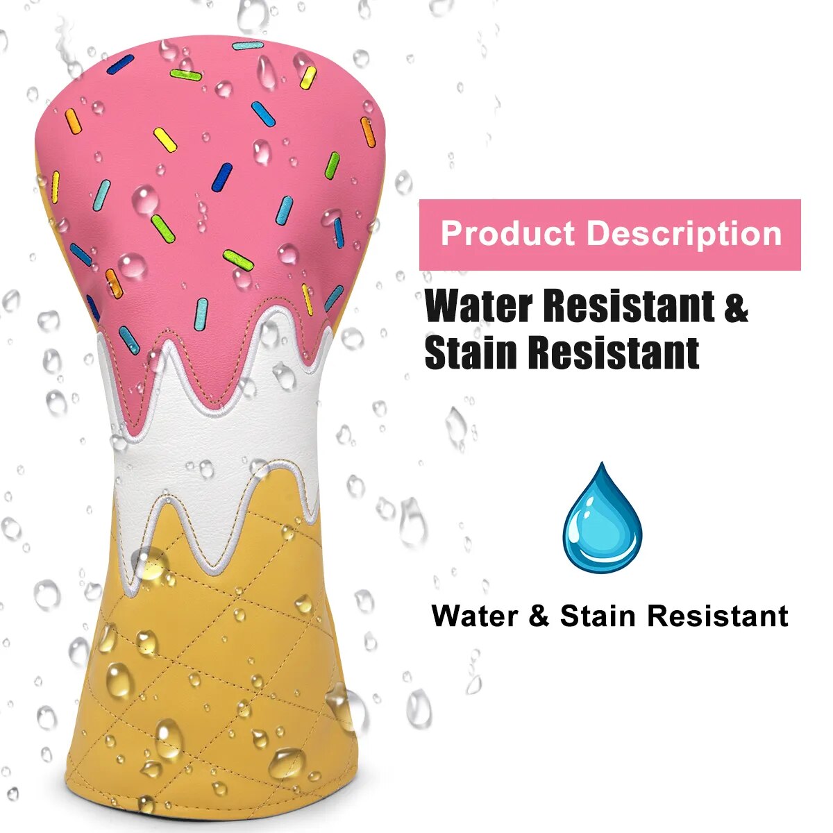 Cute Fun Ice Cream & Sprinkles Waffle Cone Leather Golf Club Head Covers Driver, Wood, Hybrid