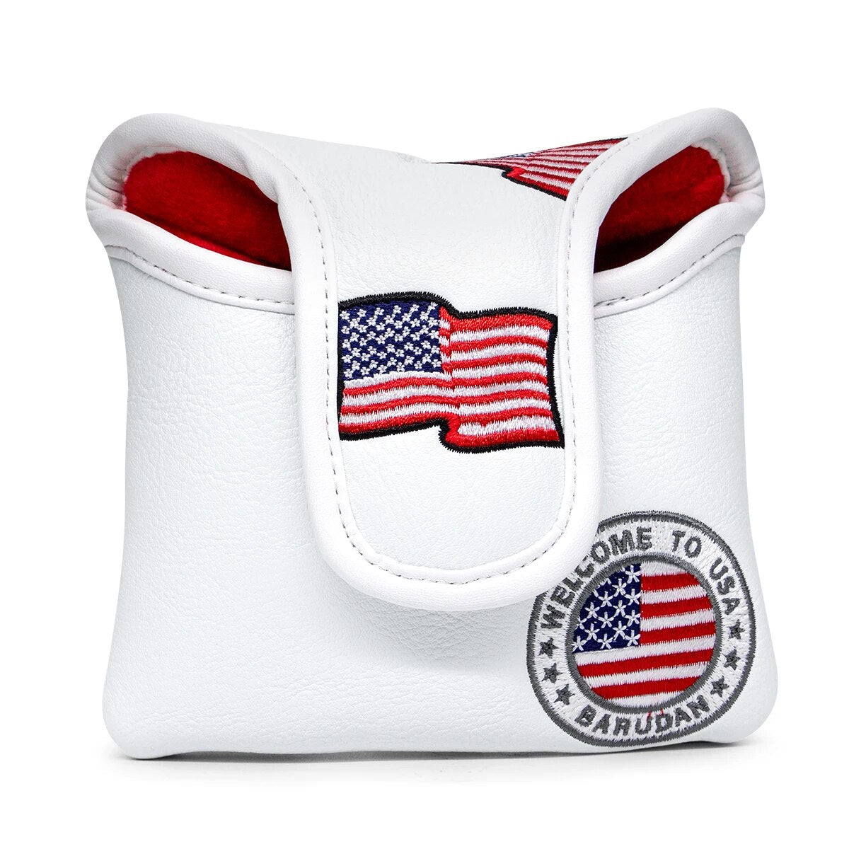 USA Flag Embriodered Square White Leather Golf Mallet Putter Head Cover with Magnetic Closure